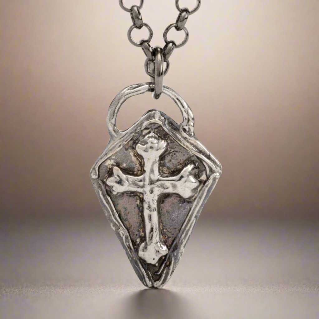 Medieval Cross Shield Pendant Necklace Sterling Silver Jewelry