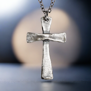 Cross Vintage Style Pendant Necklace Hammered Sterling Silver Jewelry