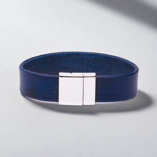 Bracelet en Cuir Bleu Fermoir Magnétique Argenté