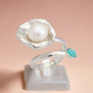 Silver Ring Adjustable Matira White Pearl Turquoise Gemstone Jewelry