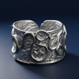 Silver ring with intricate design on a dark background