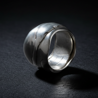 Silver ring with a textured design on a dark surface