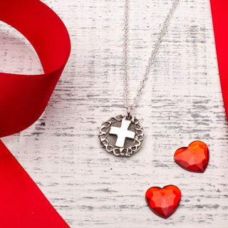 Cross Rose Silver Pendant Necklace Valentines Day