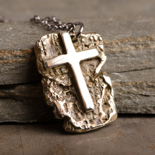 Croix Tablette de Moïse Collier Pendentif Bronze Bijou Fait Main