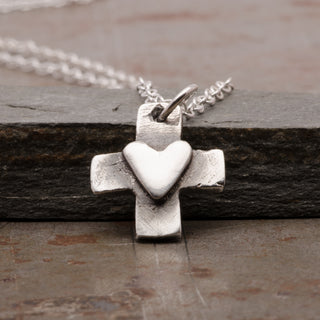 Cross and Heart Pendant Necklace Sterling Silver Handmade Jewelry