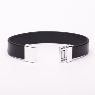 Bracelet Black Leather Silver Magnetic Clasp