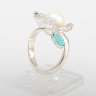 Silver Ring Adjustable Matira White Pearl Turquoise Gemstone Jewelry